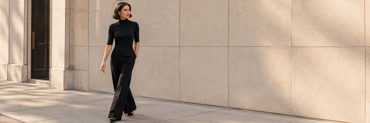 Woman walking past limestone in black DuetteNYC separates