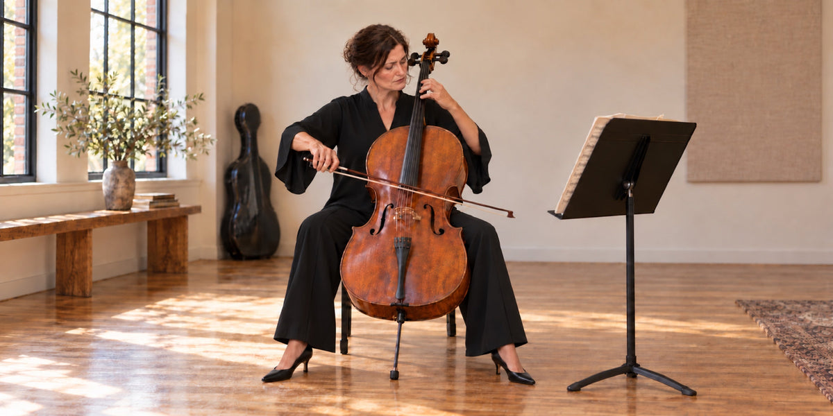 DuetteNYC founder Diane Petan playing the cello in a black top and black wide-leg pants