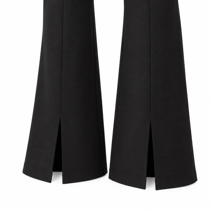 Christopher black jersey pant, closeup of front split hems