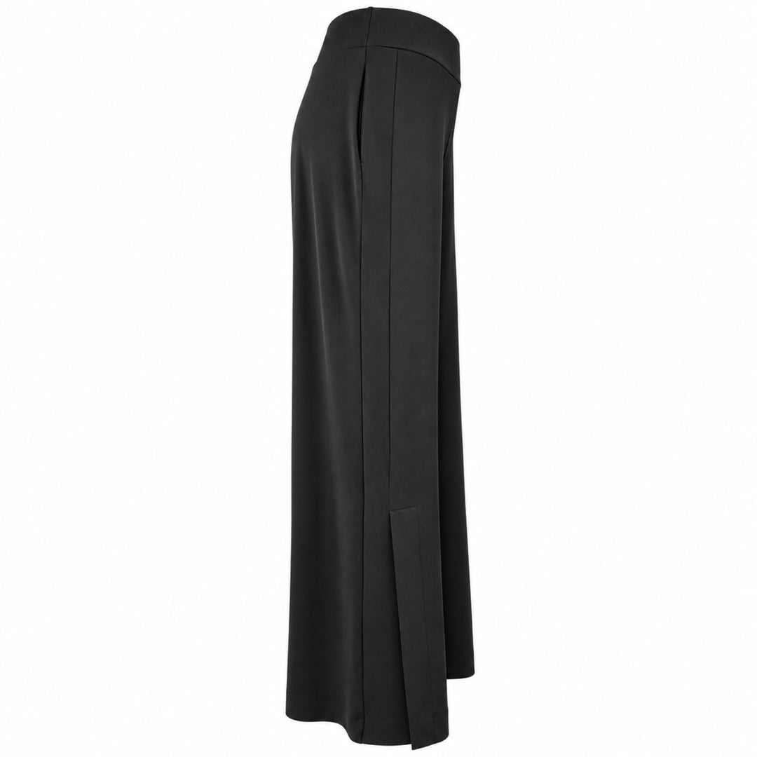 The Liberty black matte jersey pants, side view showing the wide waistband and full-length side panel.