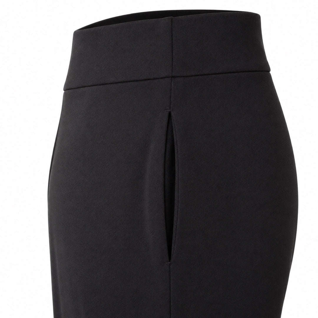 Christopher black jersey pant, closeup of hidden side pocket and waistband