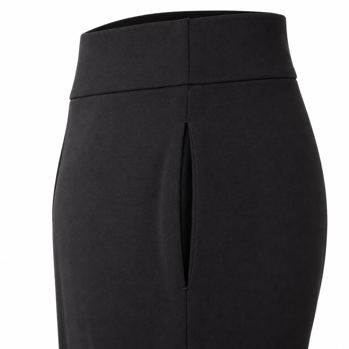Christopher black jersey pant, closeup of hidden side pocket and waistband