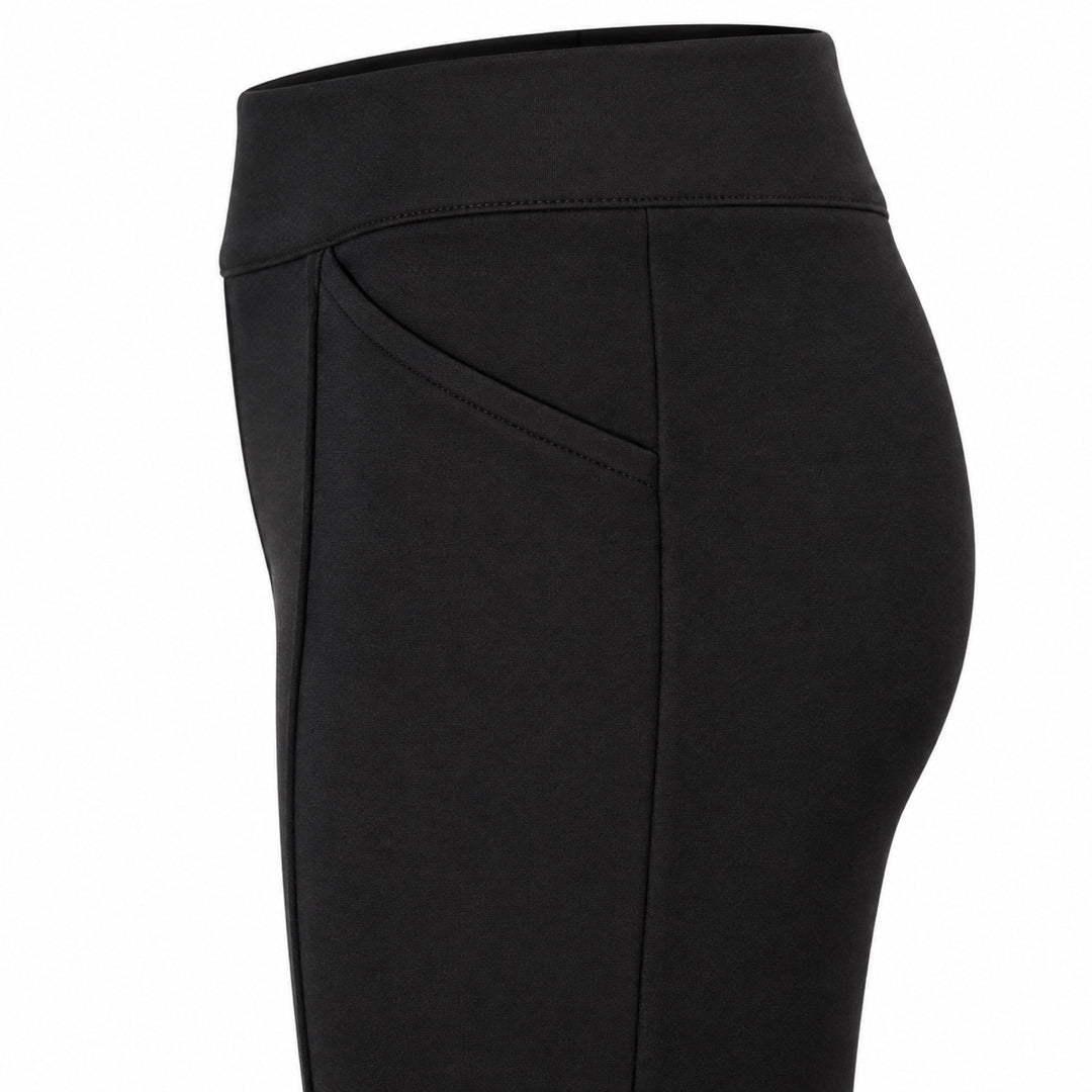 The Essex black ponte pants — wide waistband and slant pocket detail