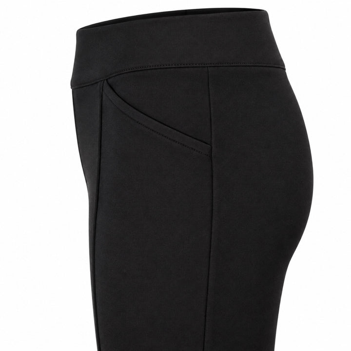 The Essex black ponte pants — wide waistband and slant pocket detail
