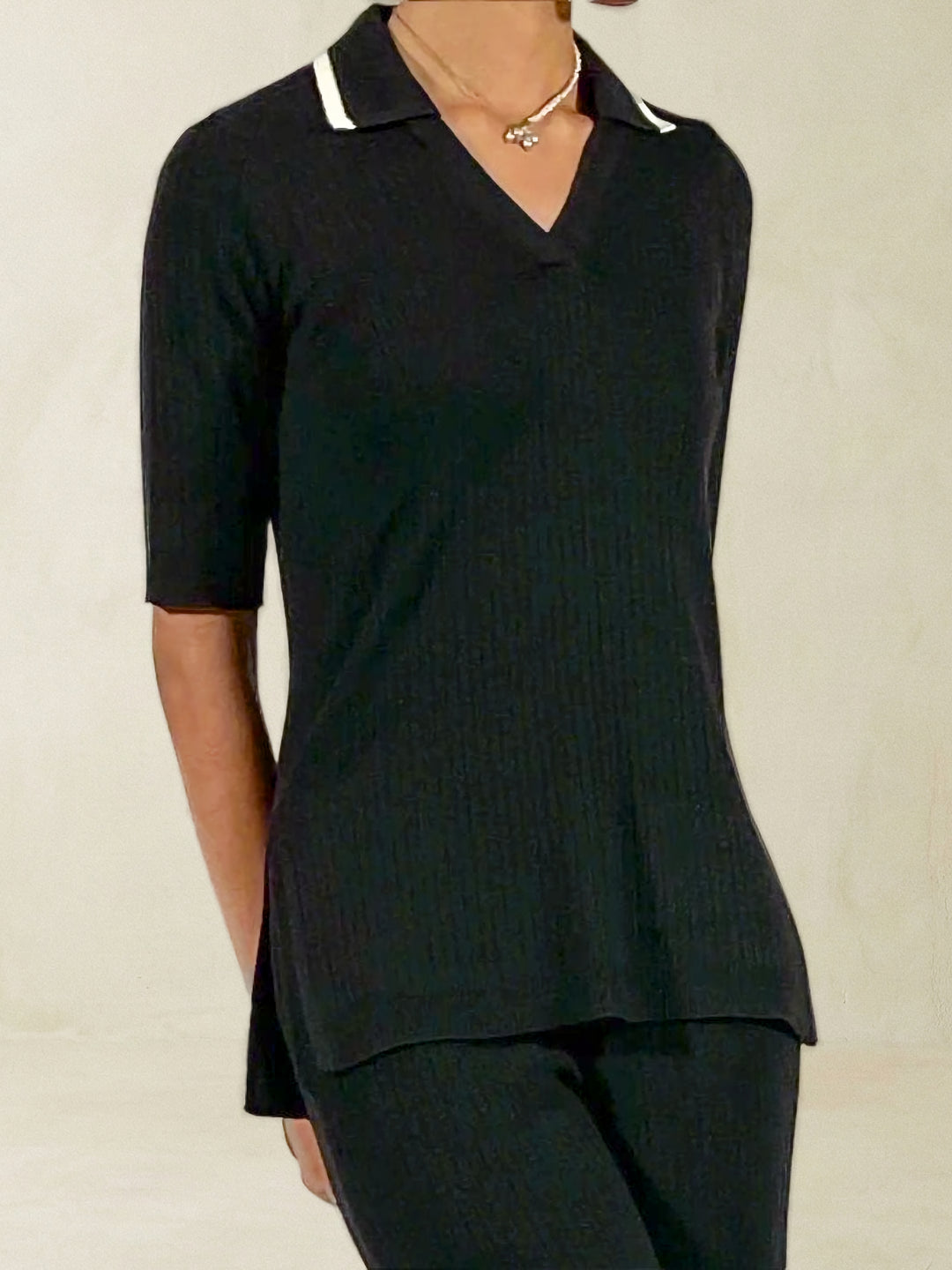 Rib Knit Elbow Sleeve Cashmere Blend Polo - The Beekman
