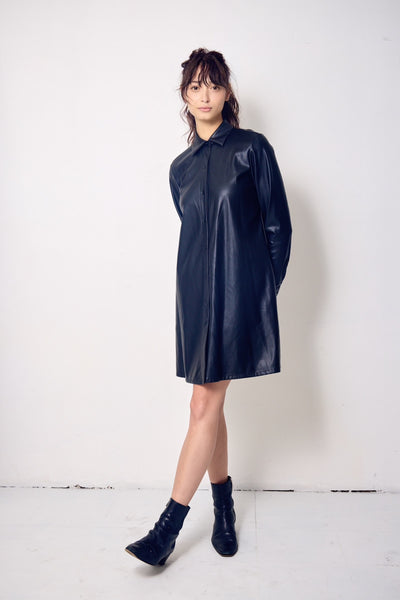 Vegan Leather Long Button Up Shirt Dress - The Lafayette