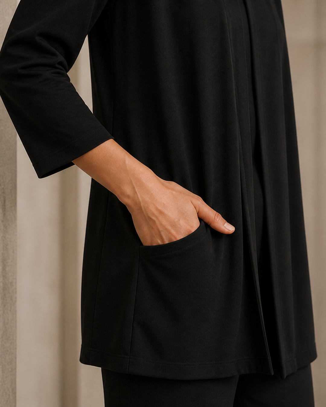 Functional side-pocket detail on The Clinton black matte jersey jacket