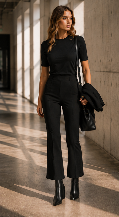 Model wearing the Black Duane cropped pant with the Black Spring crew-neck top and ankle boots, front view.