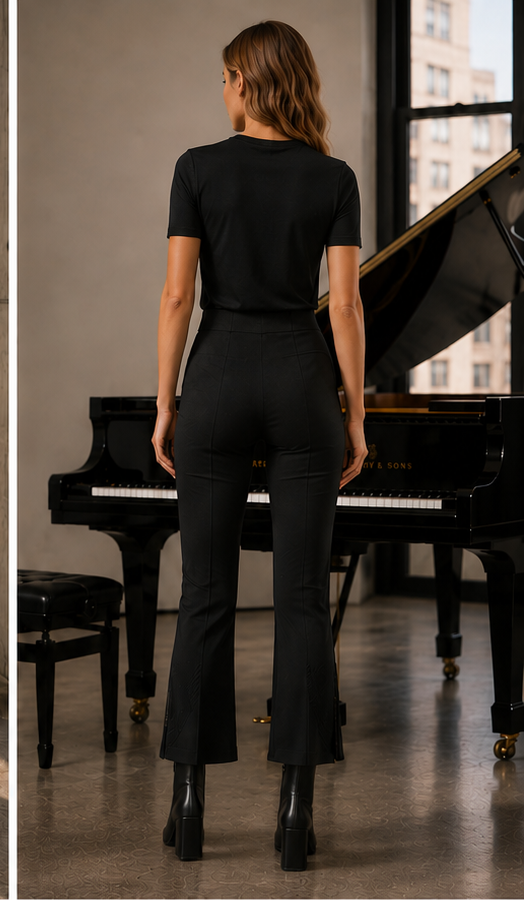 Back view of the Black Duane cropped pant styled with the Black Spring top beside a grand piano.