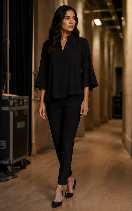 The Hudson black ankle pant styled with The Waverly black top