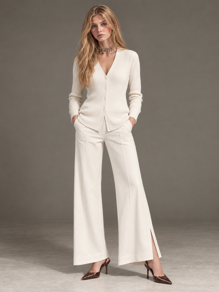 Ivory Pearl Wide-Leg Ponte Pants | The Carmine