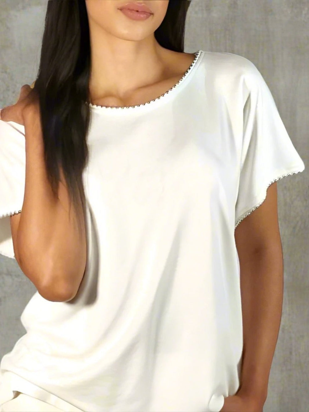 Knit Top with Metal Stud Details - The Eldridge - DuetteNYC in Pearl