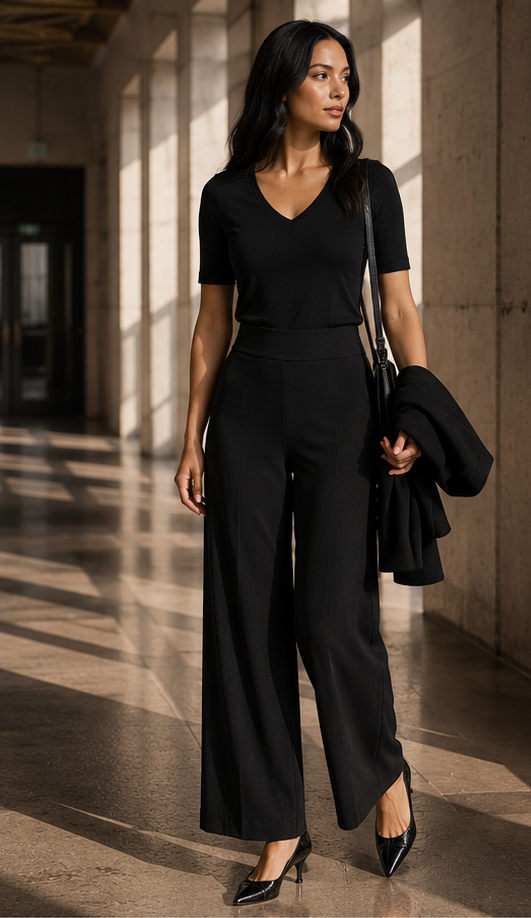 Model walking in The Liberty black wide-leg pant with The Prince top