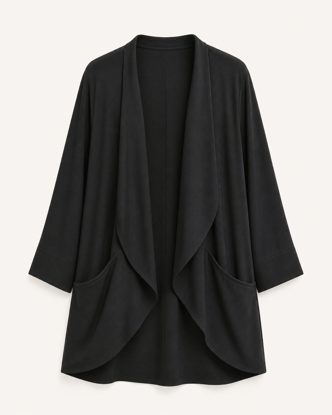 The Clinton black matte jersey jacket showing its open front and draped hem