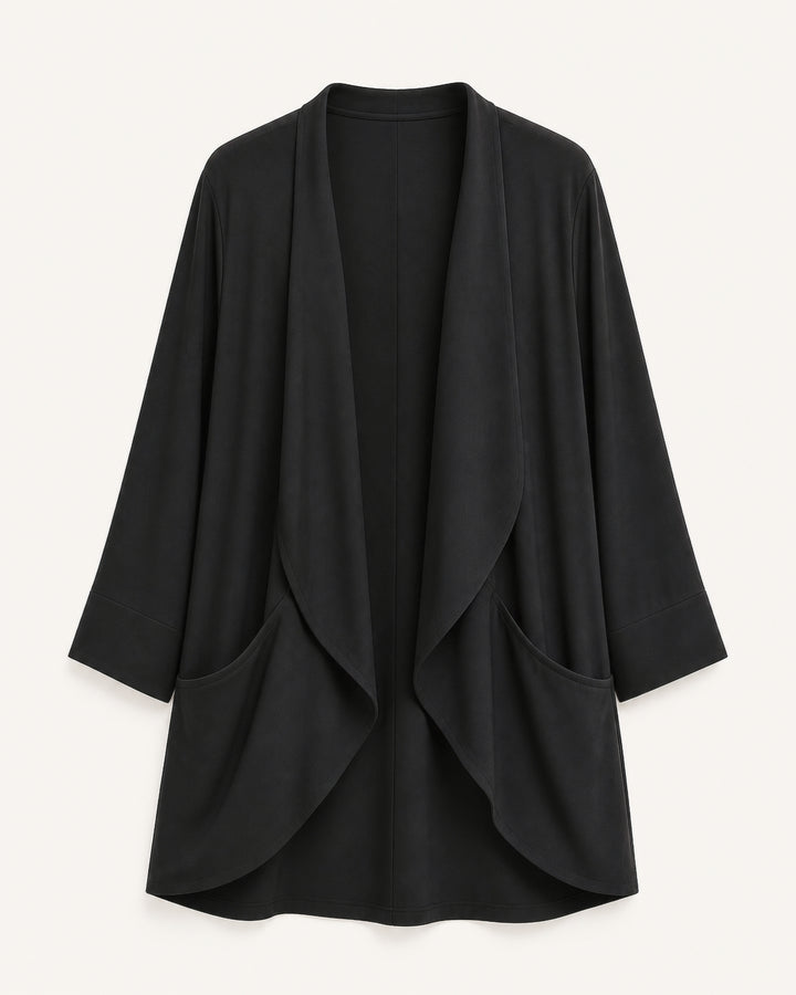 The Clinton black matte jersey jacket showing its open front and draped hem