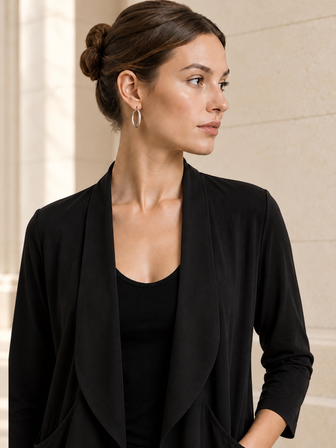 Closeup of the Clinton black matte jersey jacket&