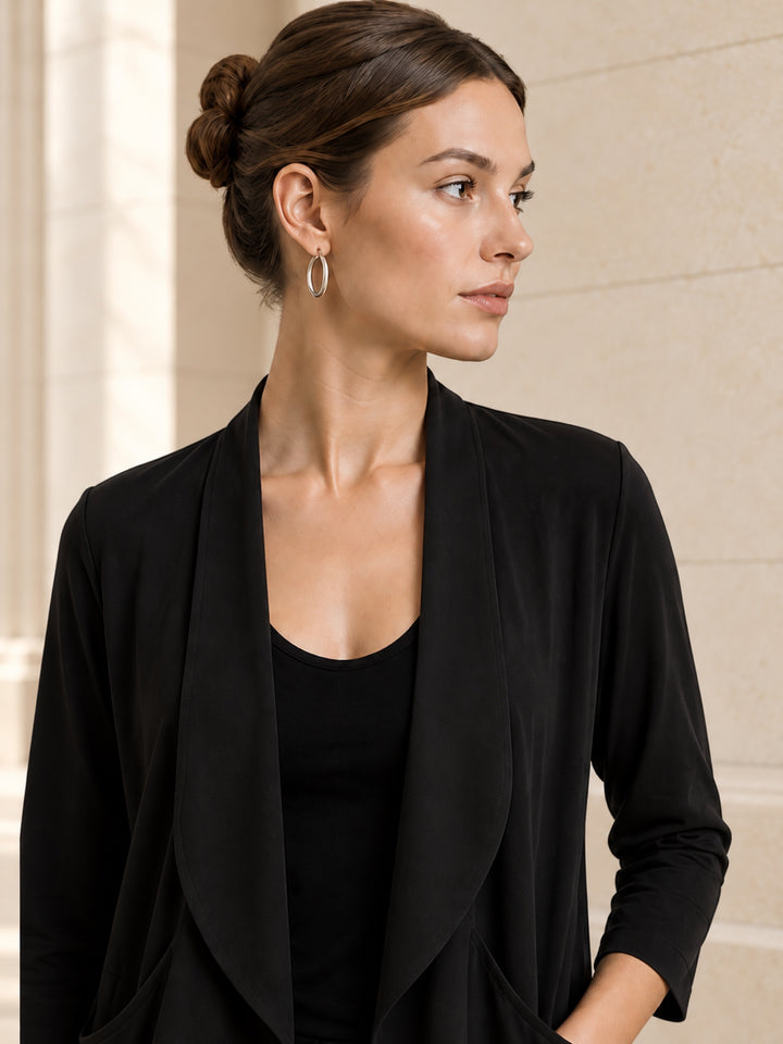 Closeup of the Clinton black matte jersey jacket&