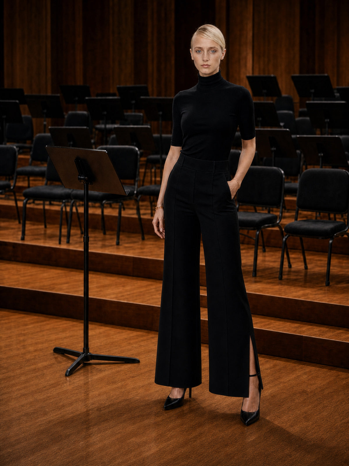 Model wearing the Carmine black wide-leg ponte pant with the Ludlow top in an orchestra rehearsal hall
