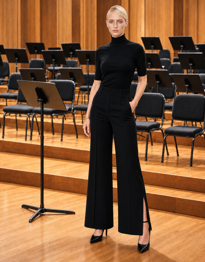 Model wearing black Carmine wide-leg ponte pants on a brightly lit orchestra stage.