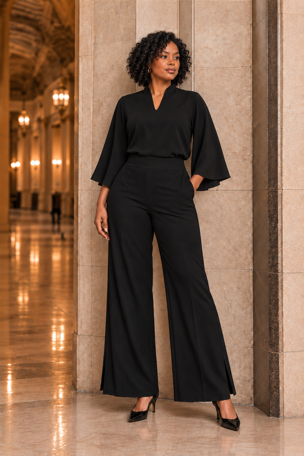 Liberty lighter weight jersey wide-leg pant styled with the Waverly top