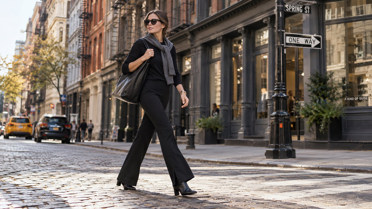 Woman wearing Duette black pants and top walking on Spring Street in SoHo, New York