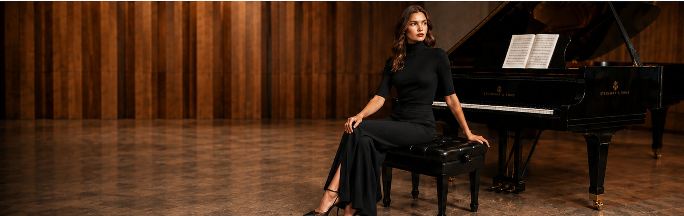 The Performers Edit — Carmine turtleneck and Ludlow long skirt at a Steinway grand piano