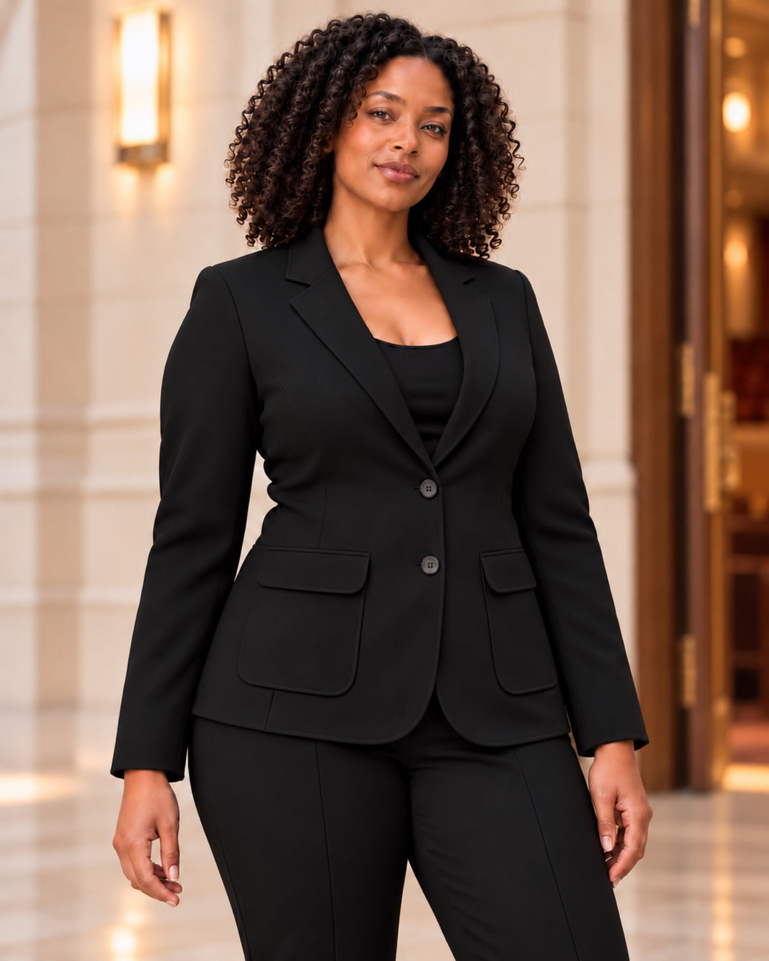 Closeup of the Greenwich black two-button blazer with notch lapels and flap patch pockets on a model with shoulder-length curls