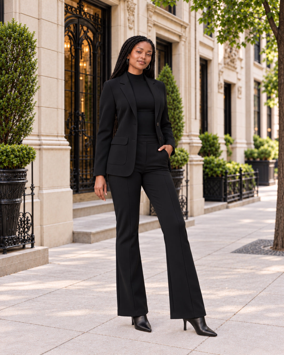 Black model with long braids wearing the open Greenwich blazer, Essex bootcut pants and black ankle boots on a Gold Coast sidewalk
