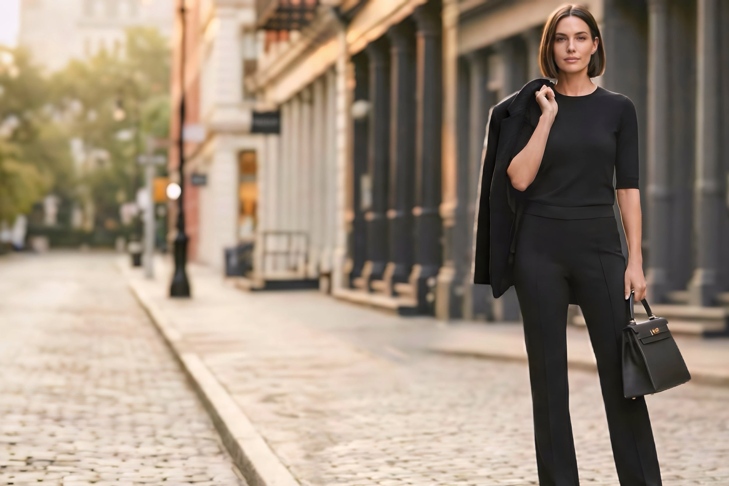 Woman wearing black pants and a black top carrying a jacket and handbag on a city street