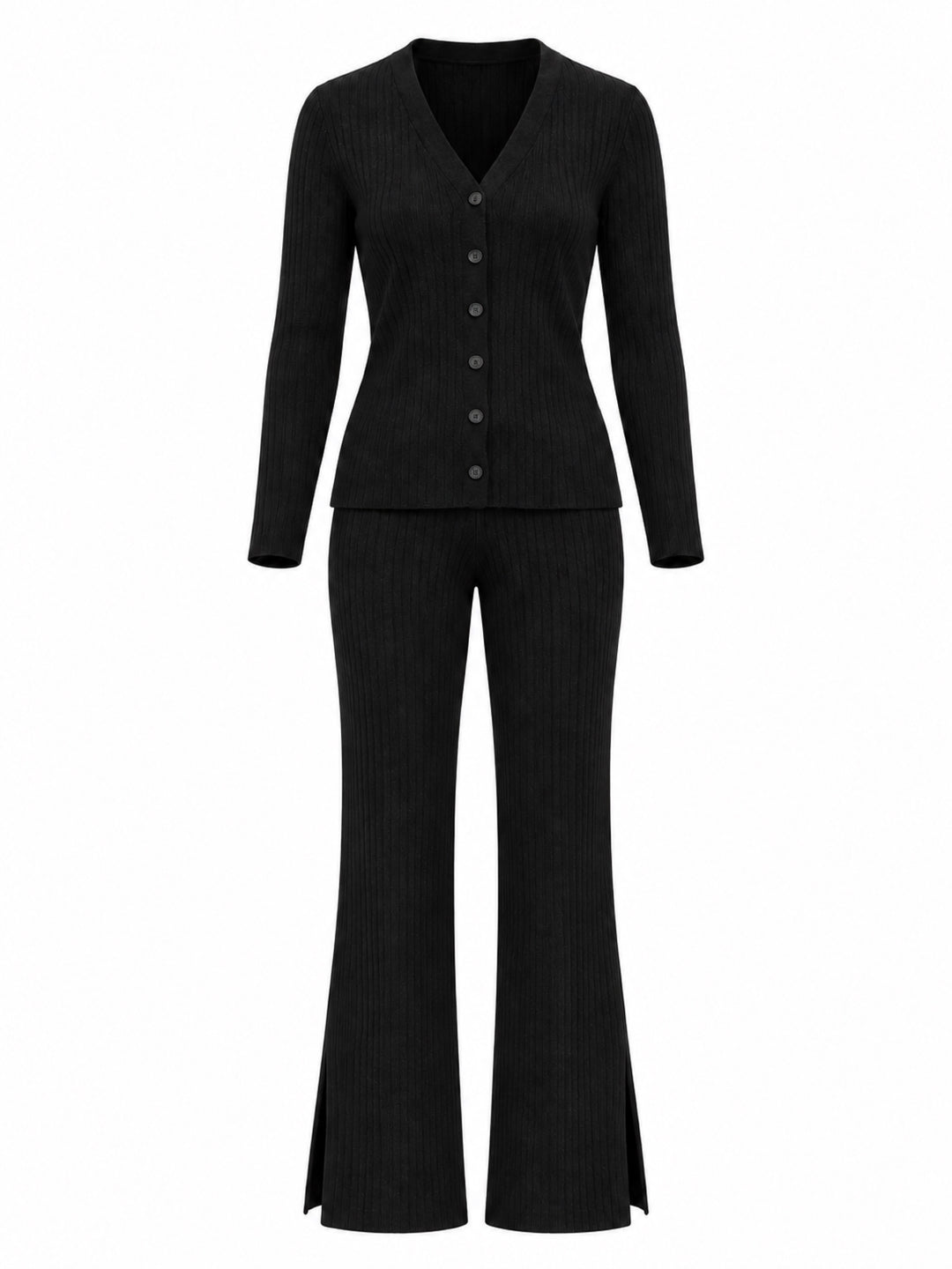 Front view of black Walker cashmere-blend rib-knit pants styled with the Trinity cardigan