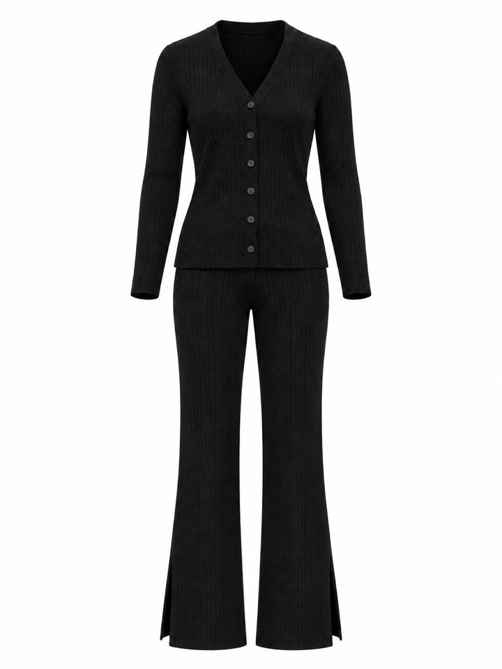Front view of black Walker cashmere-blend rib-knit pants styled with the Trinity cardigan