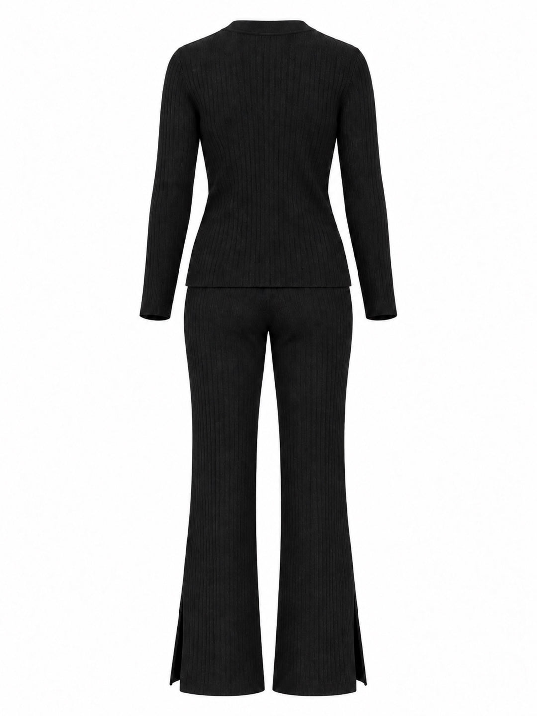 Back view of black Walker cashmere-blend rib-knit pants styled with the Trinity cardigan