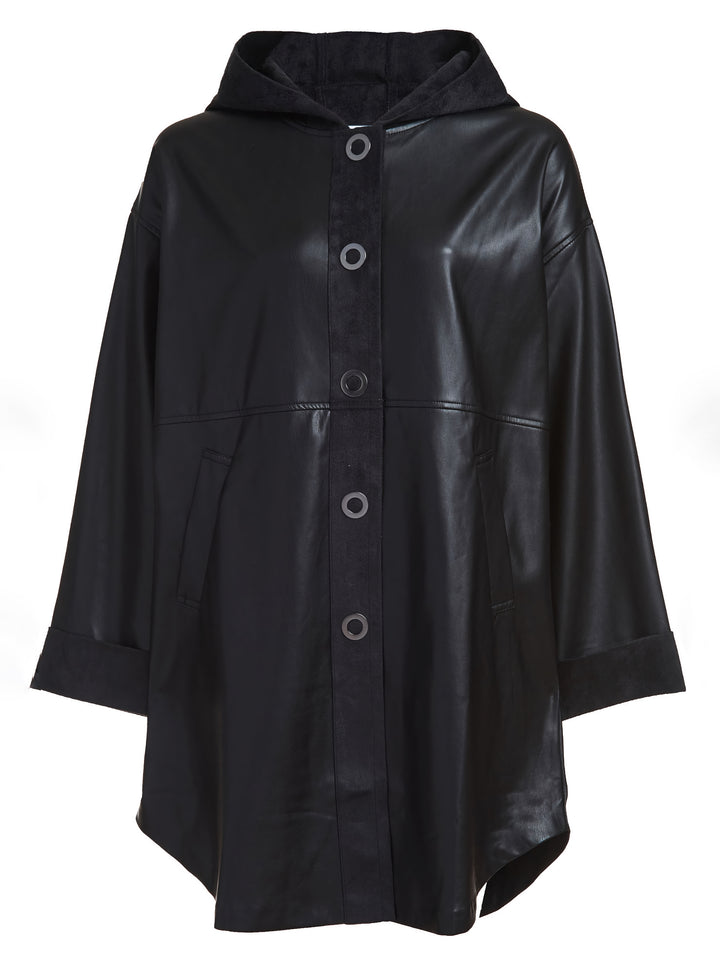 Vegan Leather Snap Front Hooded Jacket - The Dominic - DuetteNYC