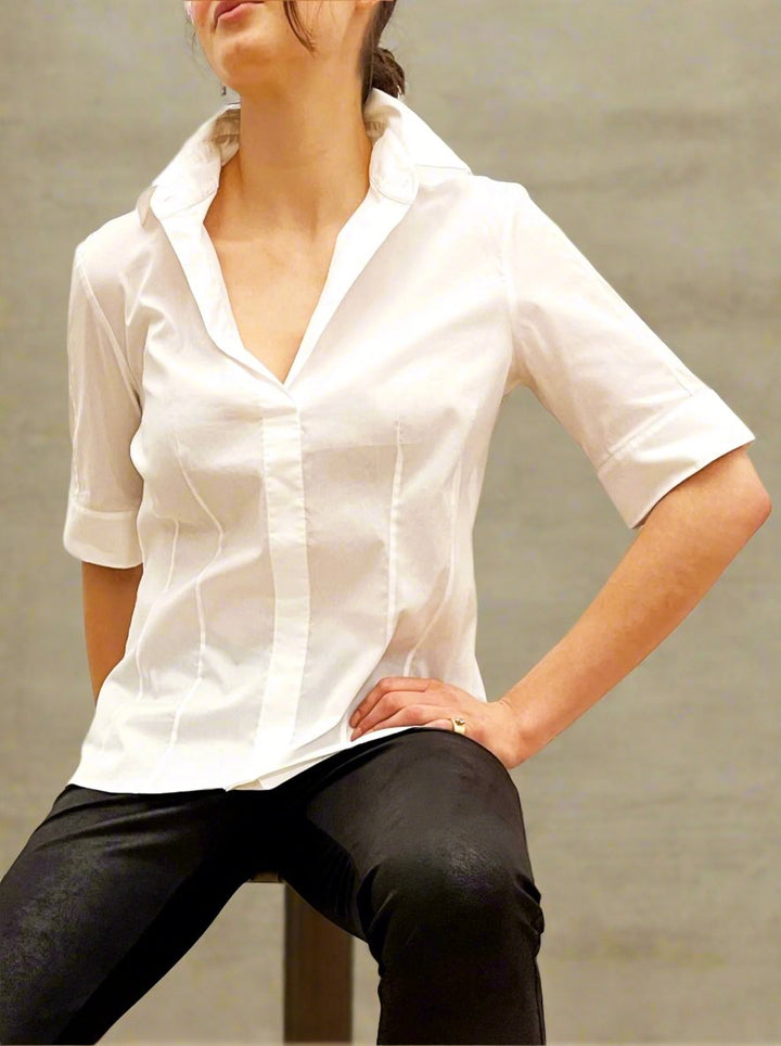 White Organic Cotton Elbow Sleeve Polo Collar Top with Stretch - The Franklin - DuetteNYC