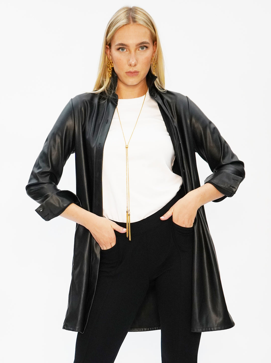 Vegan Leather Long Button Up Shirt Dress - The Lafayette - DuetteNYC