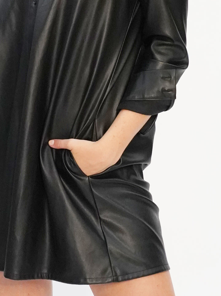 Vegan Leather Long Button Up Shirt Dress - The Lafayette - DuetteNYC