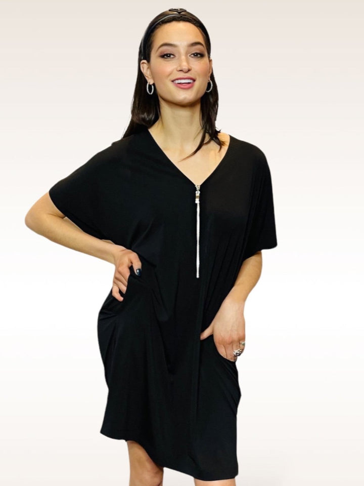 Stretch Matt Jersey Zip Front V-Neck Dress - The Watts - DuetteNYC